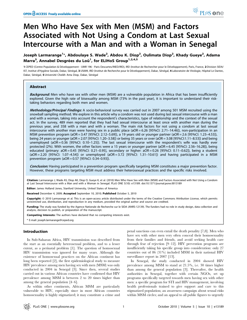 PDF) Men Who Have Sex with Men (MSM) and Factors Associated with Not Using  a Condom at Last Sexual Intercourse with a Man and with a Woman in Senegal