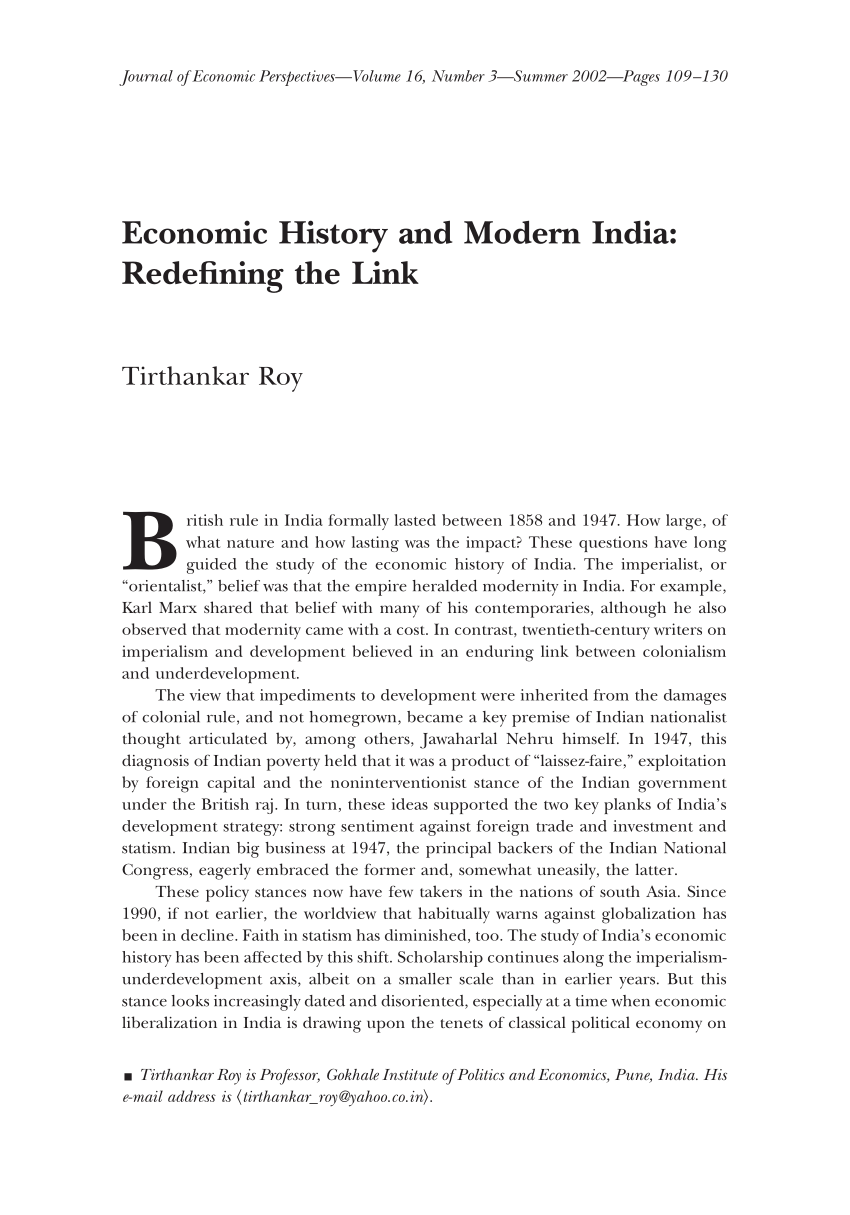 PDF) Economic History and Modern India: Redefining the Link