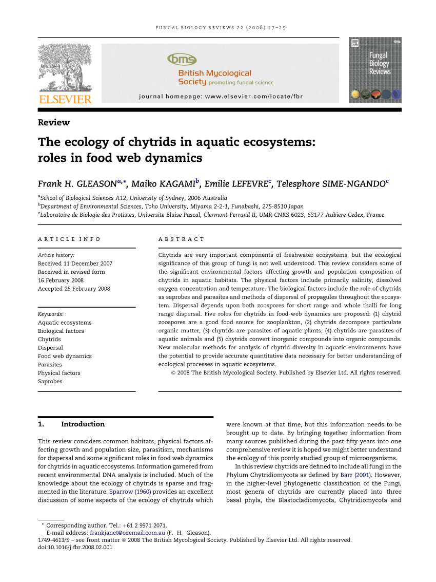 PDF) The ecology of chytrids in aquatic ecosystems: roles in food ...