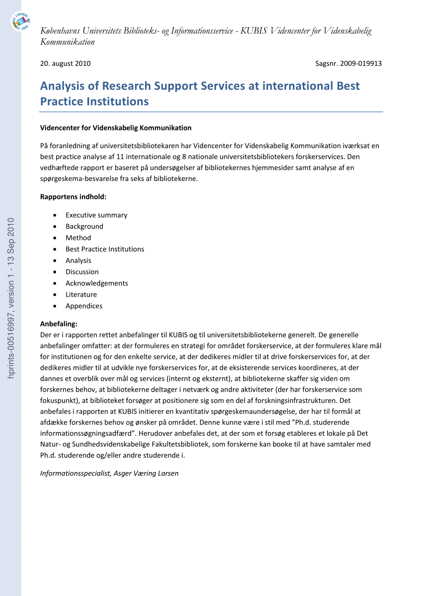 PDF) Analysis of Research Services international Best Practice Institutions
