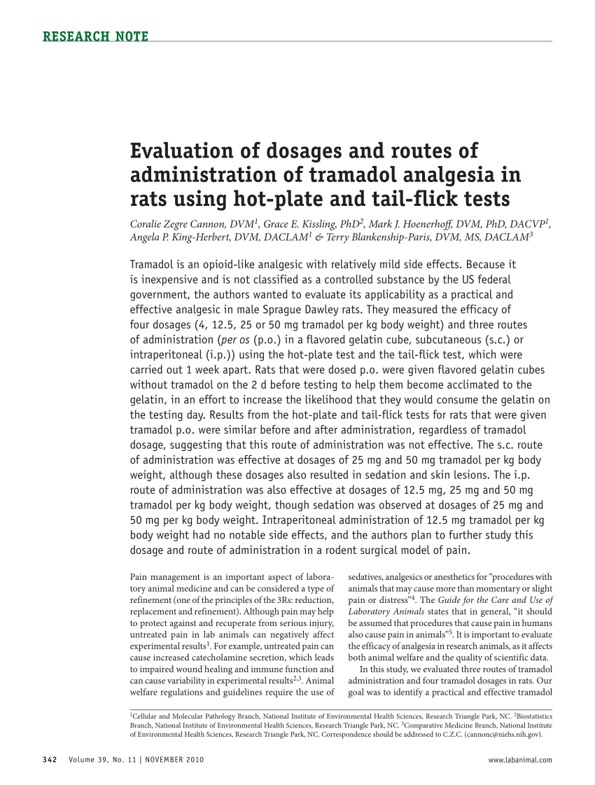 Pdf Evaluation Of Dosages And Routes Of Administration Of Tramadol Analgesia In Rats Using Hot Plate And Tail Flick Tests