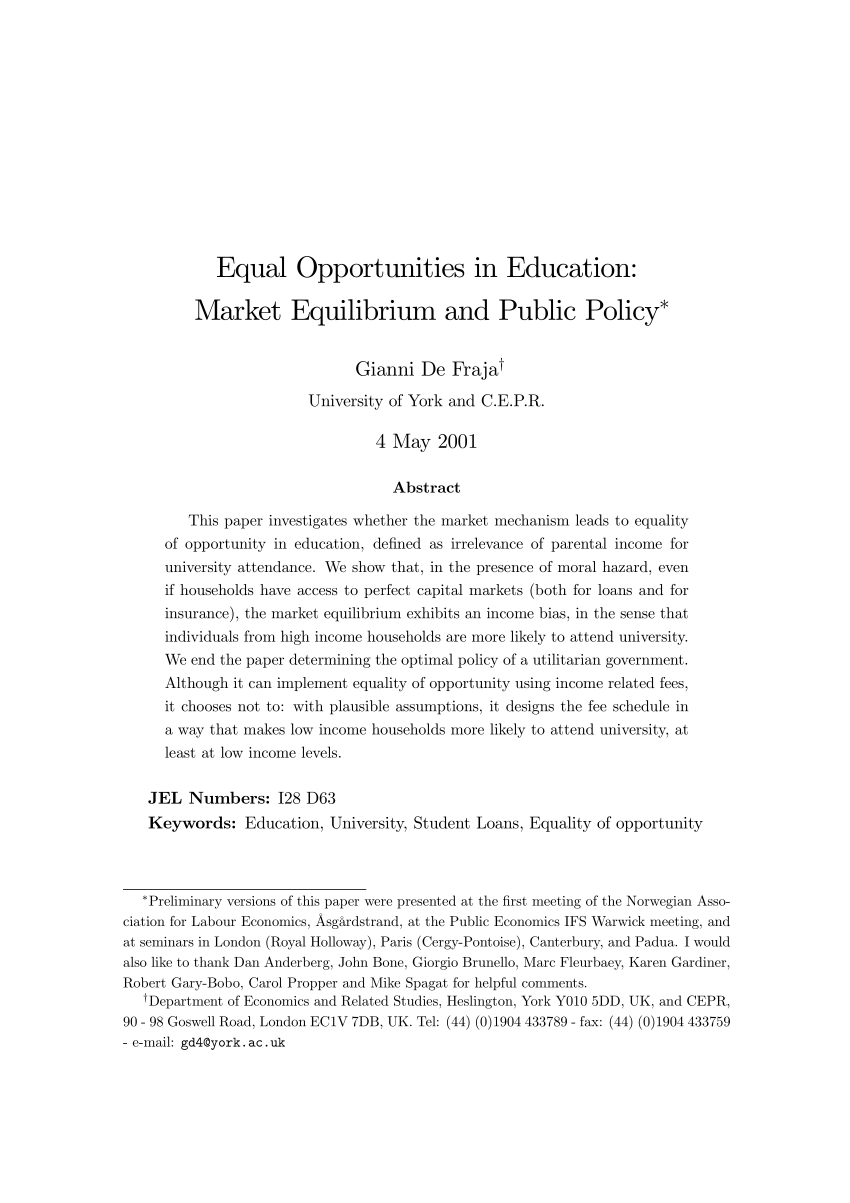 Pdf Equal Opportunities In Education Market Equilibrium And Public Policy