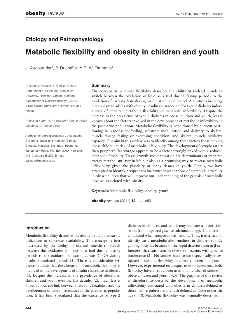 Pdf Metabolic Flexibility And Obesity In Children And Youth