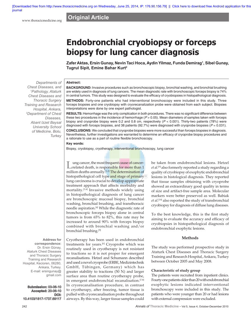 PDF Endobronchial cryobiopsy or forceps biopsy for lung cancer  