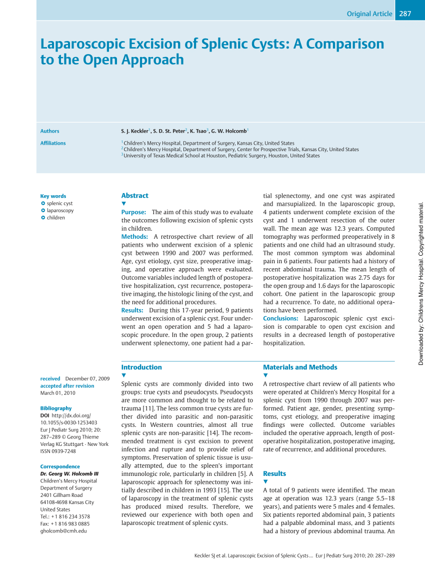 Pdf Laparoscopic Excision Of Splenic Cysts A Comparison To The Open Approach