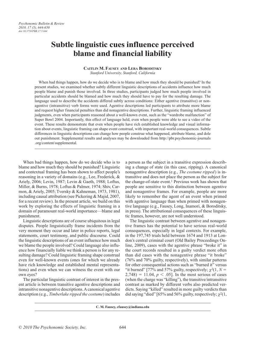 Pdf Subtle Linguistic Cues Influence Perceived Blame And Financial Liability