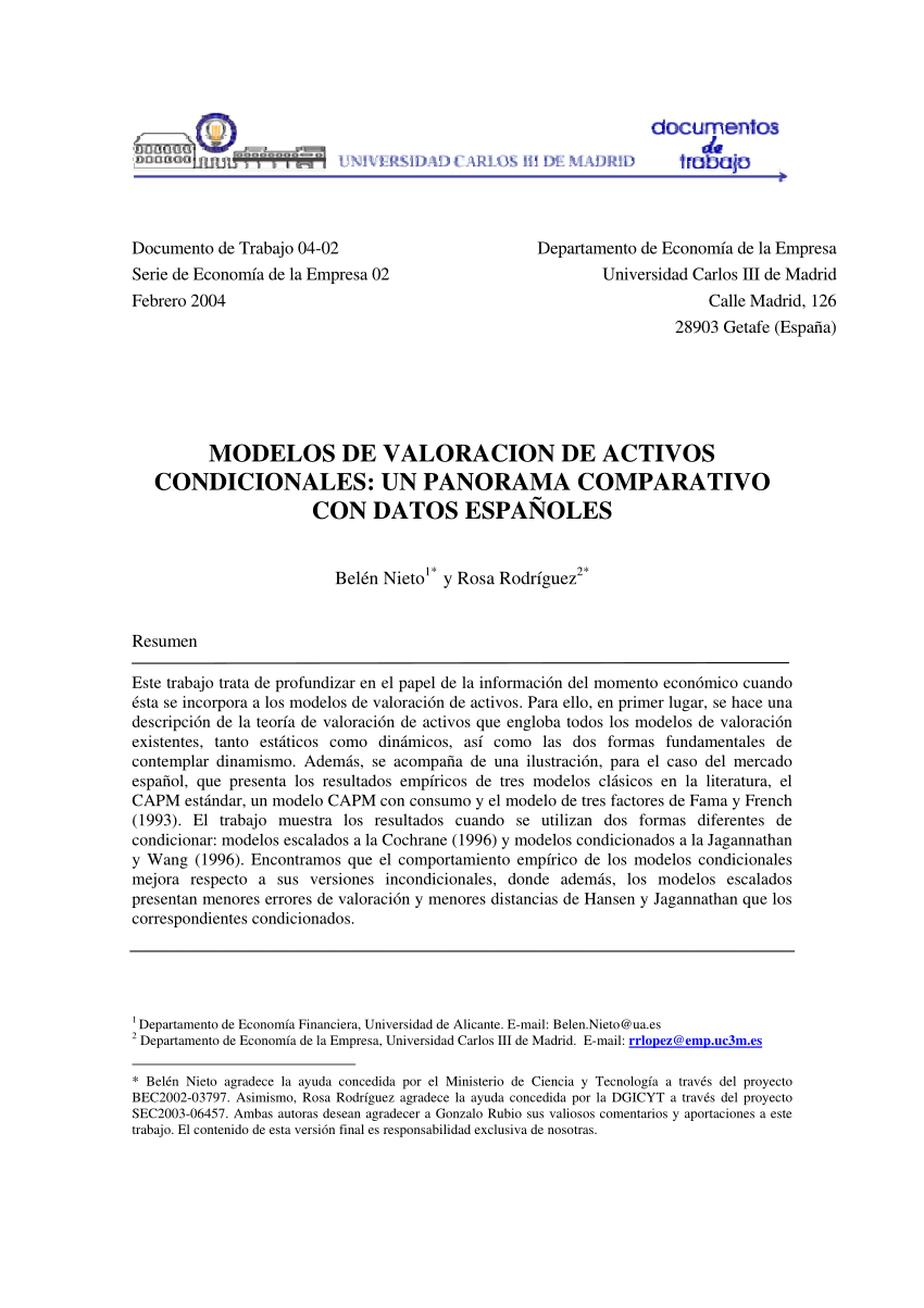 PDF) MODELOS DE VALORACION DE ACTIVOS CONDICIONALES: UN PANORAMA  COMPARATIVO CON DATOS ESPAÑOLES