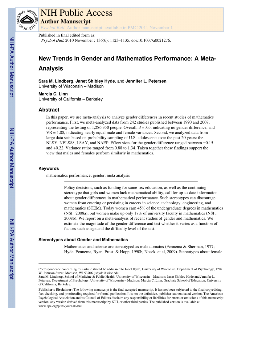 Pdf New Trends In Gender And Mathematics Performance A Meta Analysis