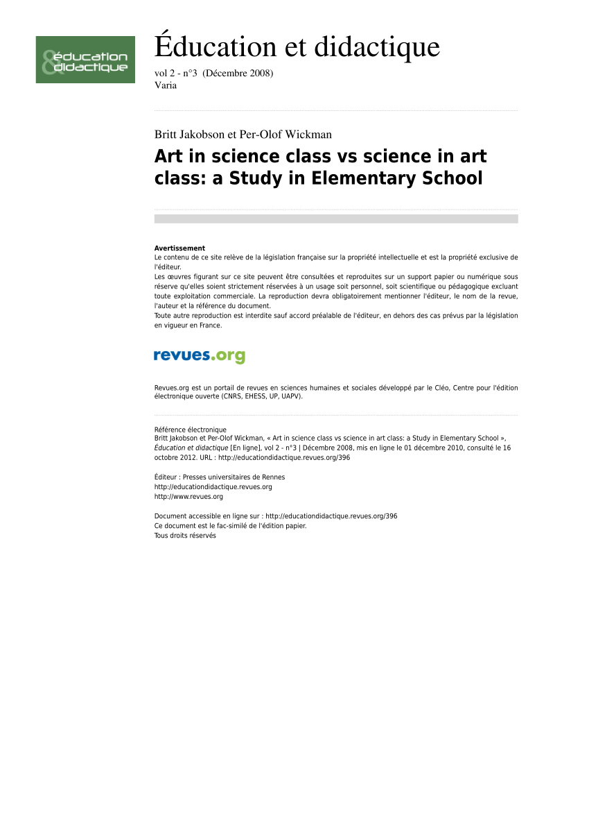 Pdf Art In Science Class Vs Science In Art Class A Study In Elementary School