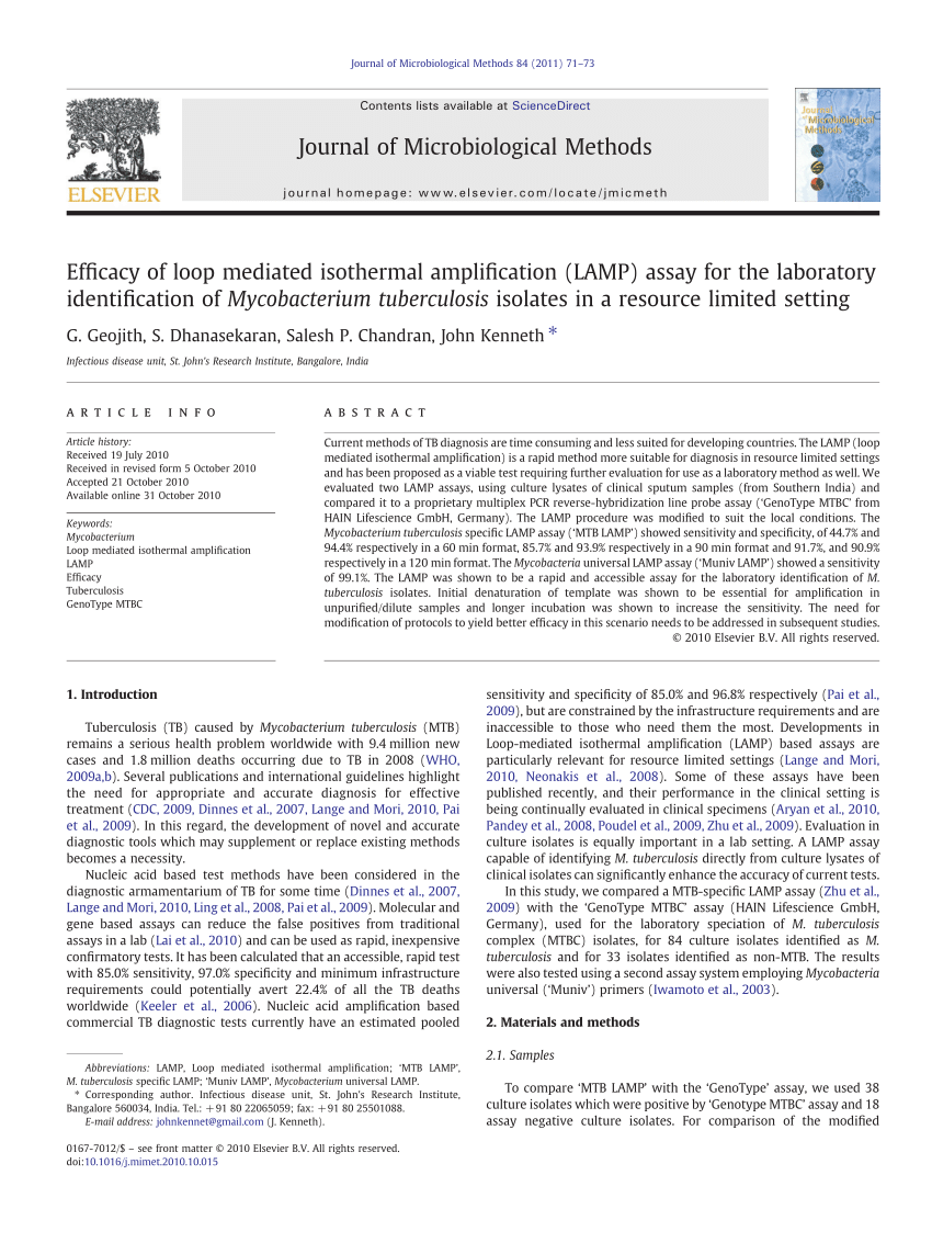 Pdf Efficacy Of Loop Mediated Isothermal Amplification - 