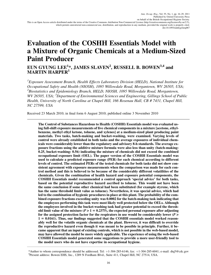 Pdf Evaluation Of The Coshh Essentials Model With A Mixture Of Organic Chemicals At A Medium Sized Paint Producer