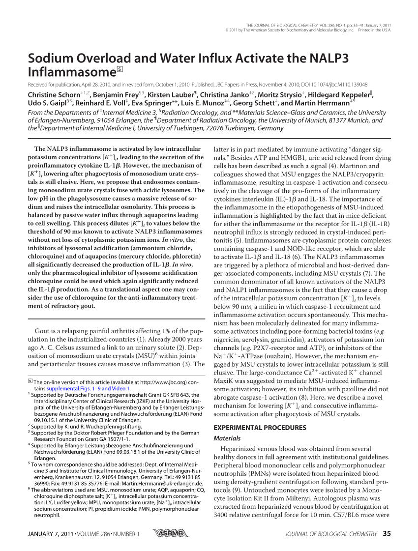 Pdf Sodium Overload And Water Influx Activate The Nalp3 Inflammasome