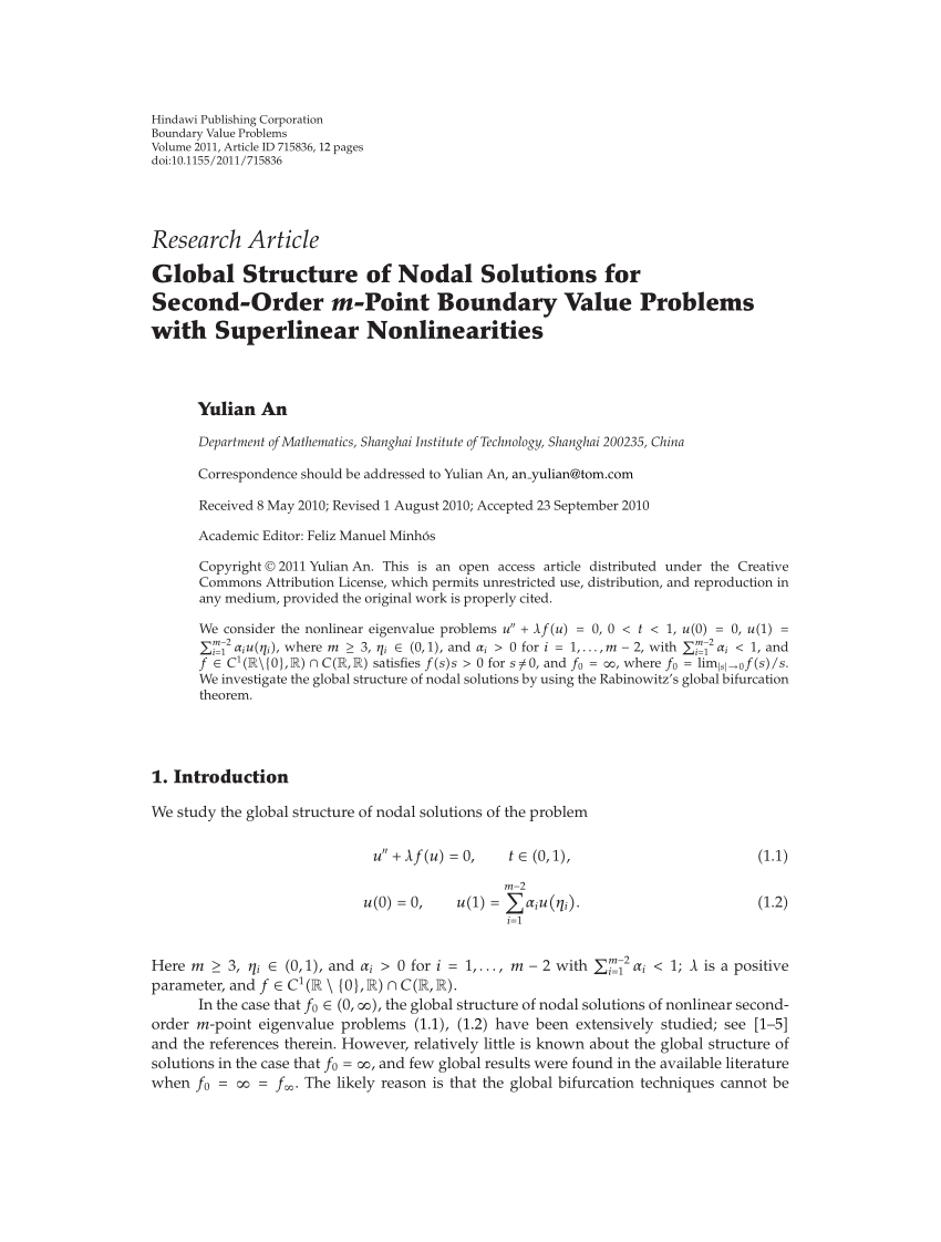 Pdf Global Structure Of Nodal Solutions For Second Order M Point Boundary Value Problems With Superlinear Nonlinearities