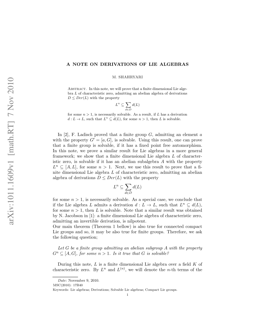 Pdf A Note On Derivations Of Lie Algebras