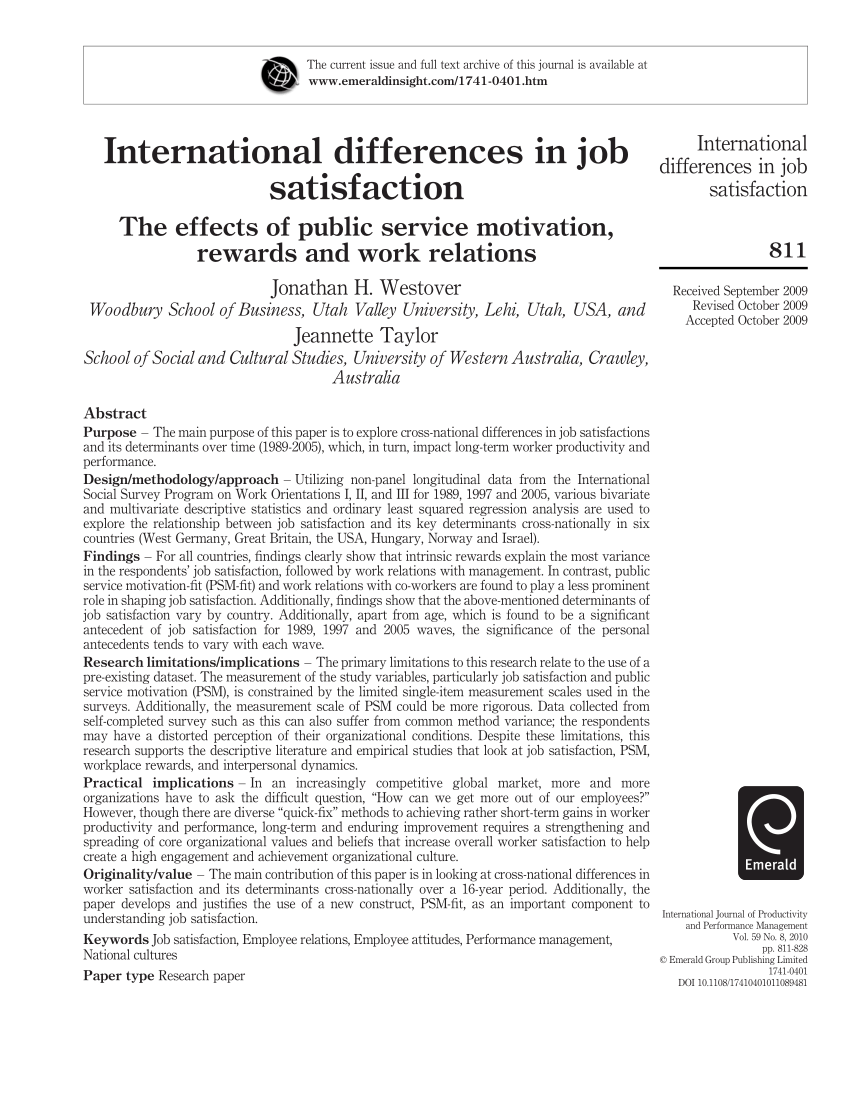 Pdf International Differences In Job Satisfaction The Effects Of Public Service Motivation Rewards And Work Relations