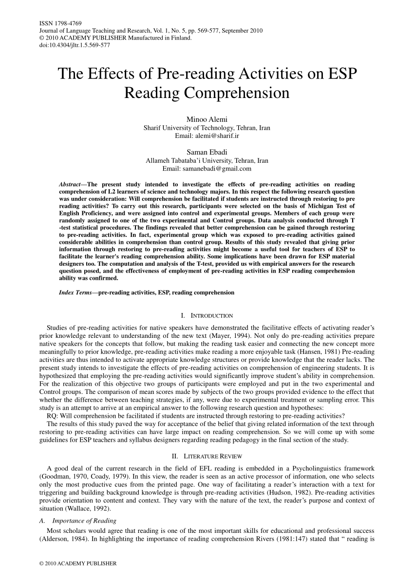 Pdf The Effects Of Pre Reading Activities On Esp Reading Comprehension