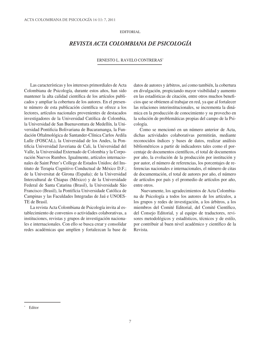 Pdf Editorial Revista Acta Colombiana De Psicología 4741