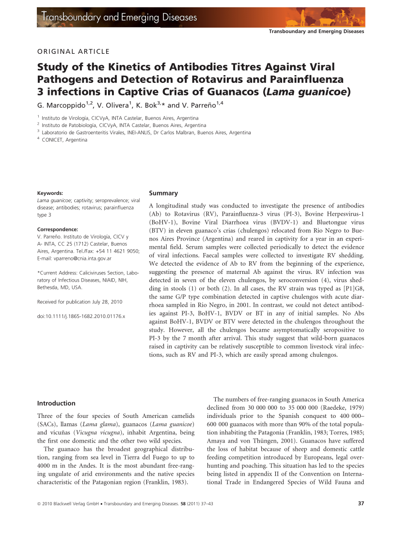 Pdf Study Of The Kinetics Of Antibodies Titres Against Viral Pathogens And Detection Of Rotavirus And Parainfluenza 3 Infections In Captive Crias Of Guanacos Lama Guanicoe