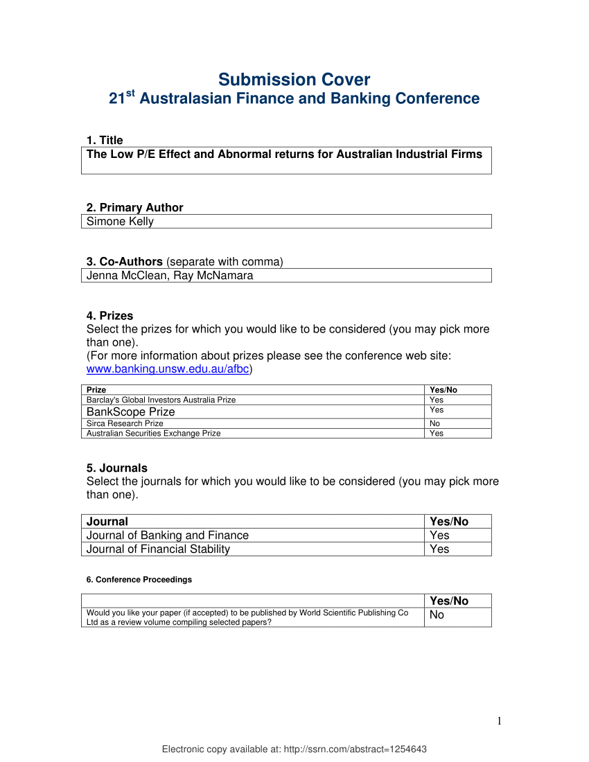 Pdf The Low P E Effect And Abnormal Returns For Australian Industrial Firms