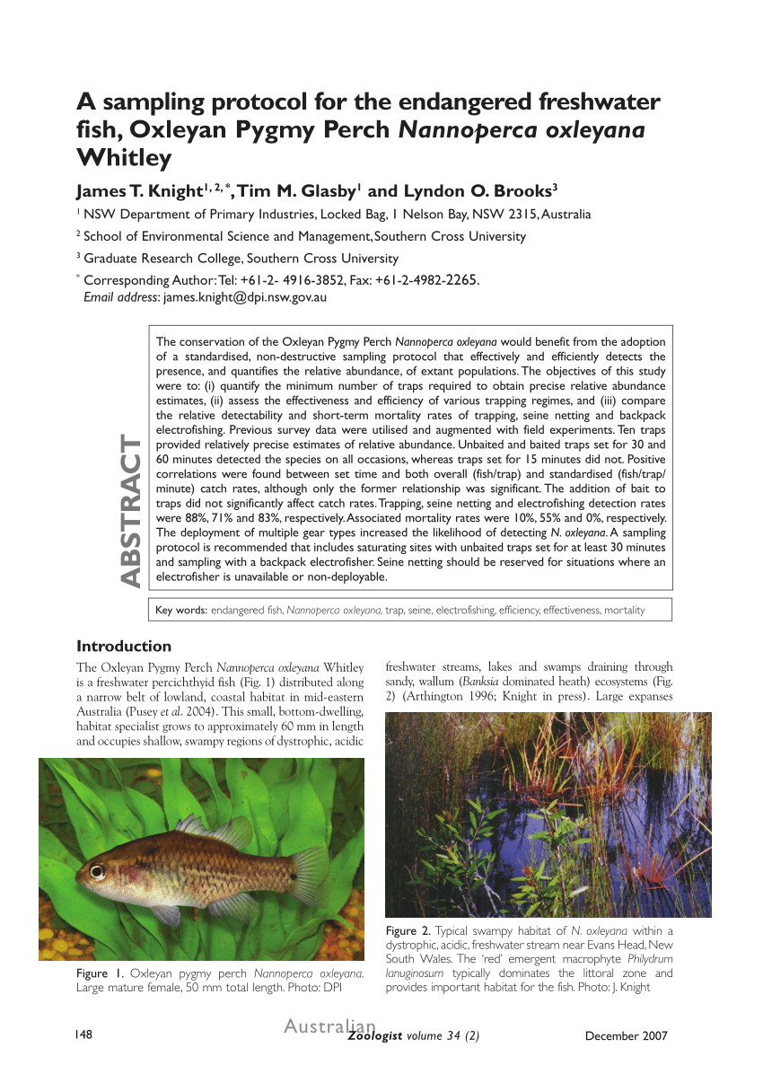 PDF) A sampling protocol for the endangered freshwater fish, Oxleyan Pygmy  Perch Nannoperca oxleyana Whitley