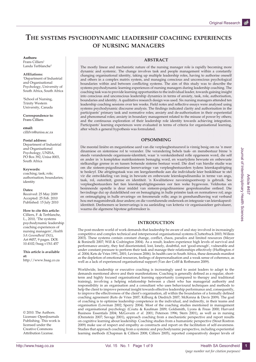 Pdf The Systems Psychodynamic Leadership Coaching Experiences Of Nursing Managers