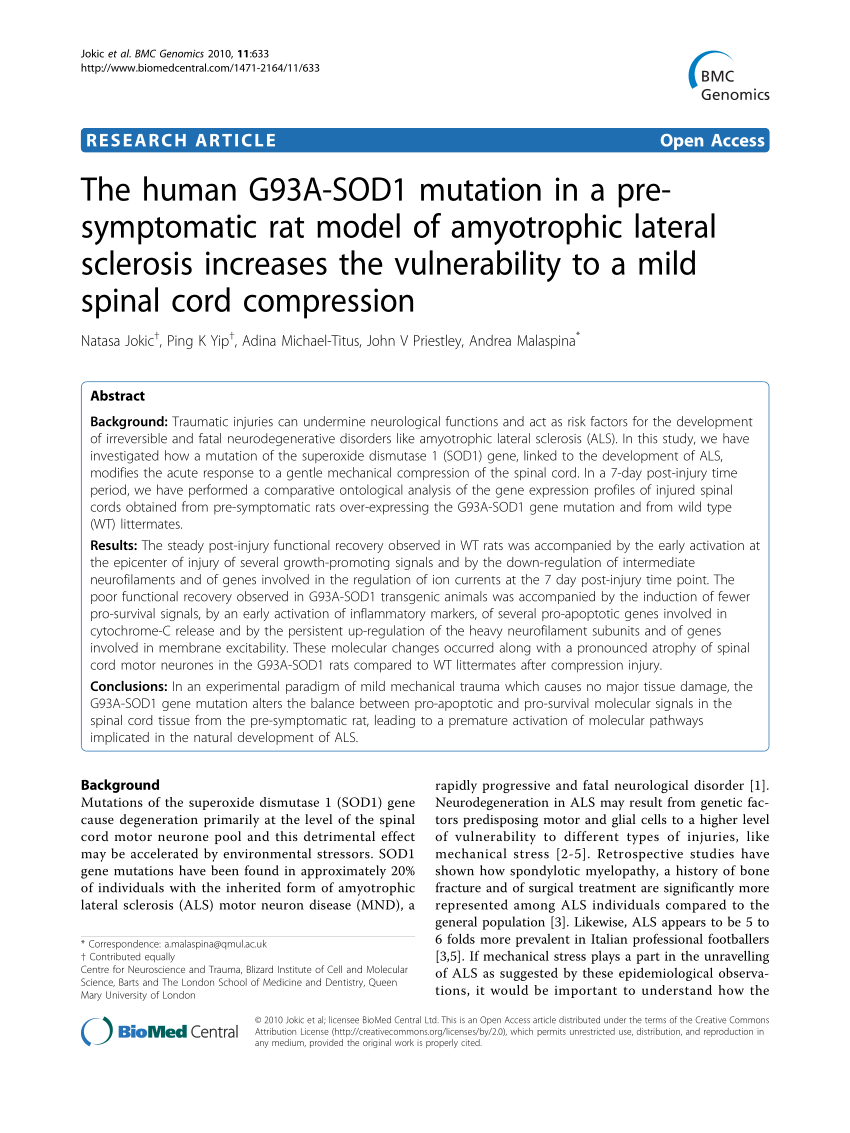 PDF) The human G93A-SOD1 mutation in a pre-symptomatic rat model ...