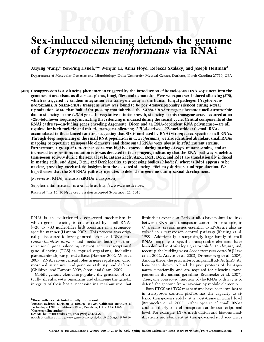 Pdf Sex Induced Silencing Defends The Genome Of Cryptococcus Neoformans Via Rnai 