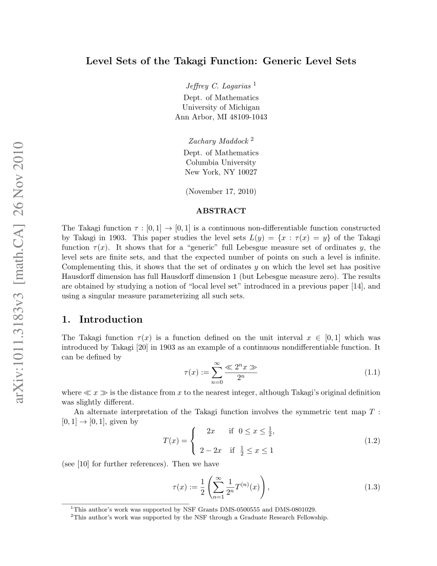 PDF) Level Sets of the Takagi Function: Generic Level Sets