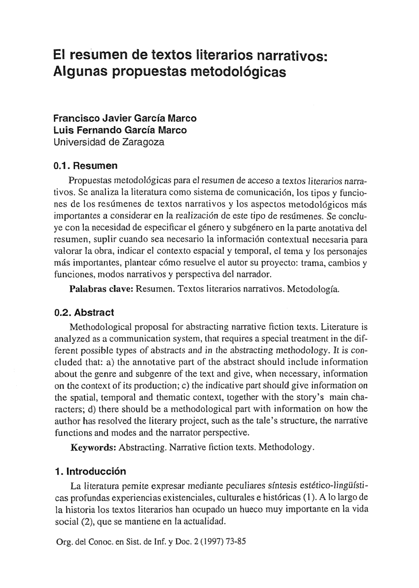 (PDF) El resumen de textos literarios narrativos: algunas propuestas ...