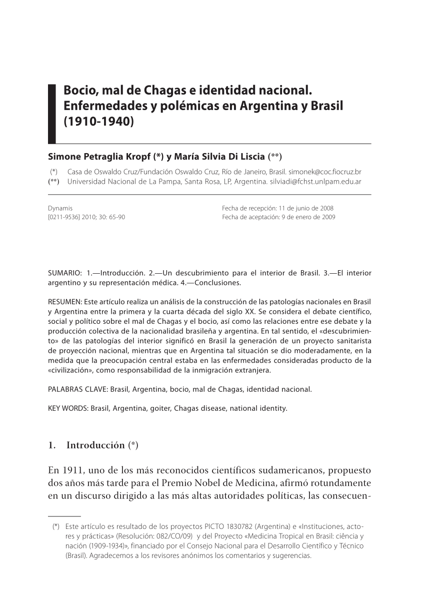 Pdf Bocio Mal De Chagas E Identidad Nacional Enfermedades Y Polemicas En Argentina Y Brasil 1910 1940