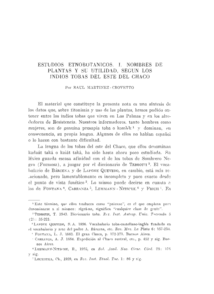 Pdf Estudios Etnobotanicos 1 Nombres De Plantas Y Su Utilidad Segun Los Indios Tobas Del Este Del Chaco