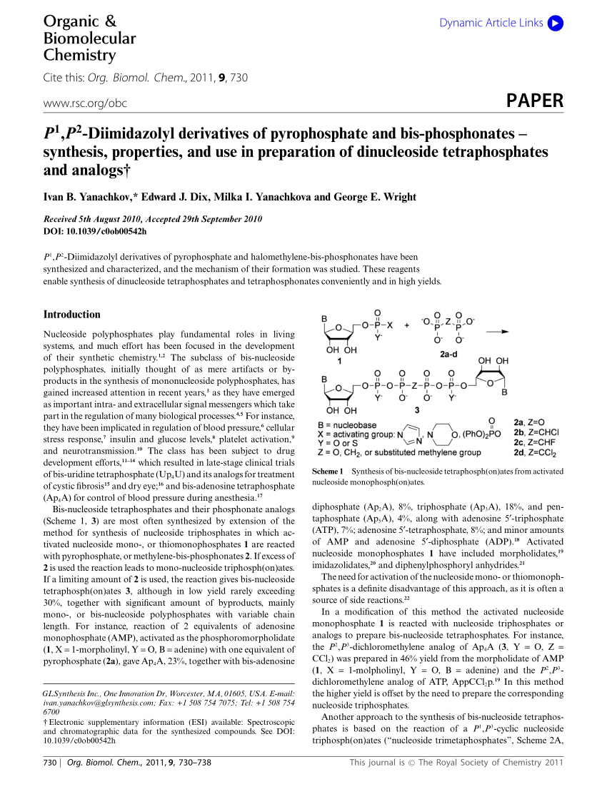 Pdf P 1 P 2 Diimidazolyl Derivatives Of Pyrophosphate And Bis Phosphonates Synthesis Properties And Use In Preparation Of Dinucleoside Tetraphosphates And Analogs
