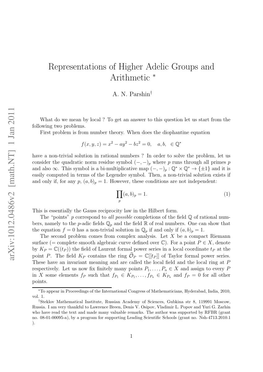 Pdf Representations Of Higher Adelic Groups And Arithmetic