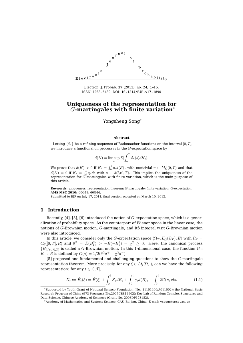 Pdf Uniqueness Of The Representation For G Martingales With Finite Variation