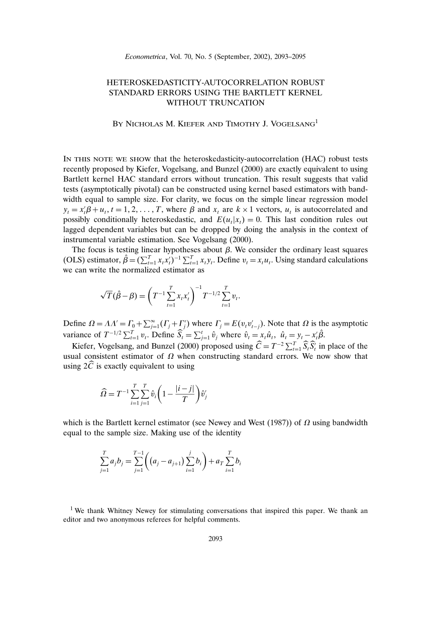 Pdf Heteroskedasticity Autocorrelation Robust Standard Errors Using The Bartlett Kernel Without Truncation