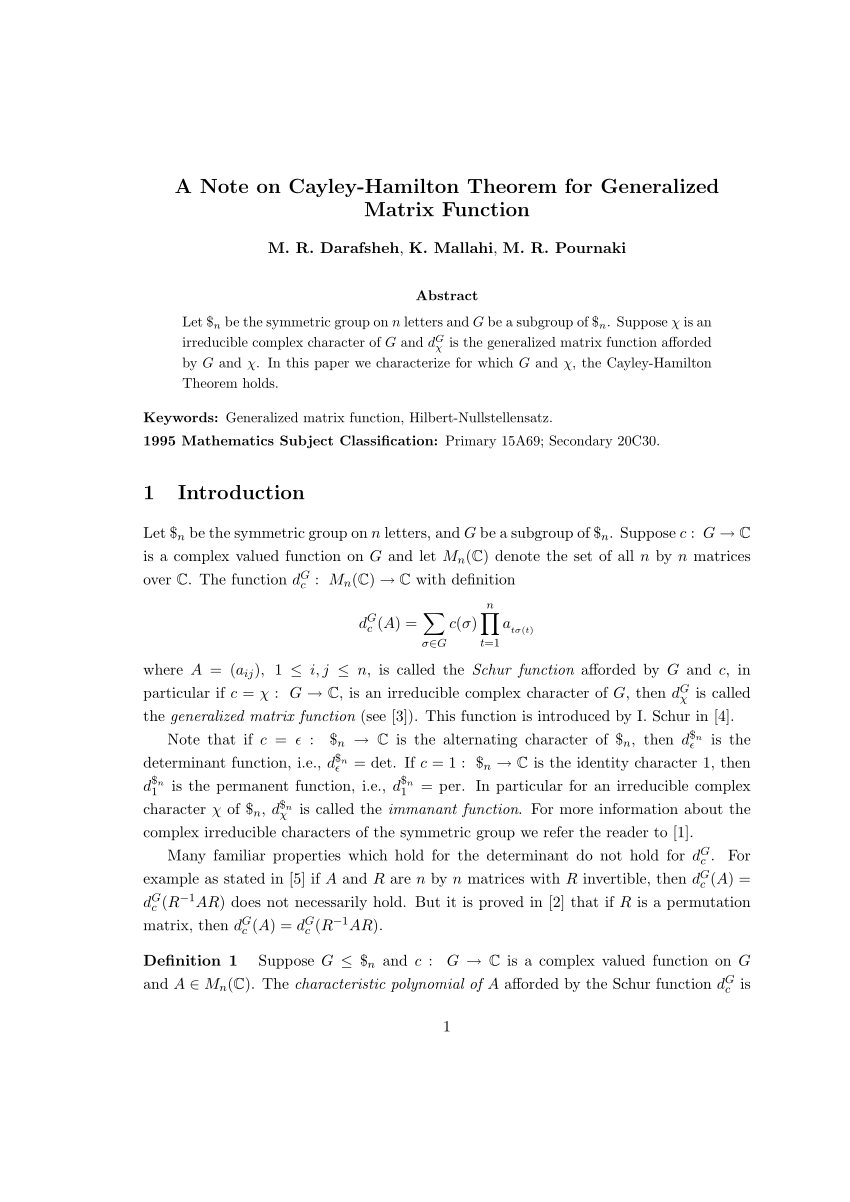 Pdf A Note On Cayley Hamilton Theorem For Generalized Matrix Function