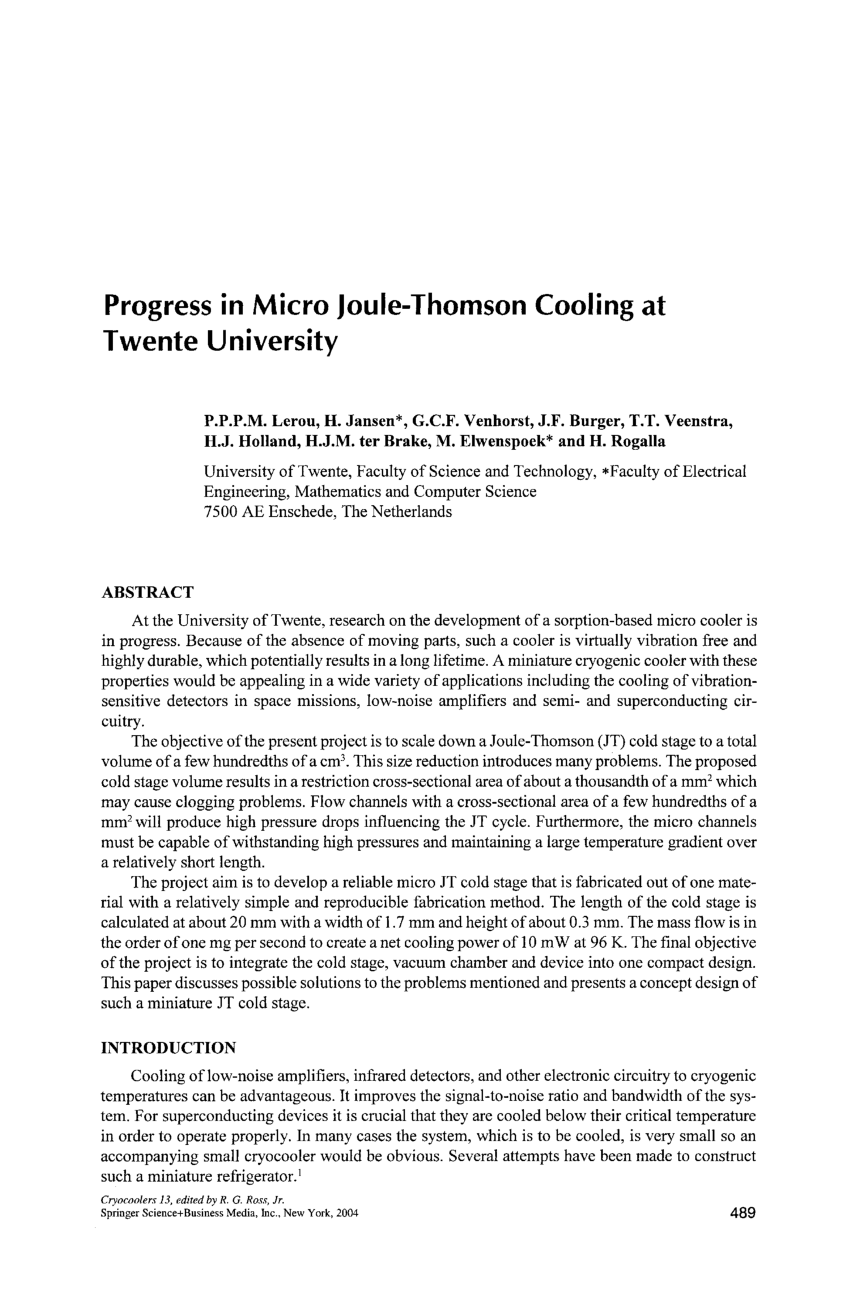 Pdf Progress In Micro Joule Thomson Cooling At Twente University