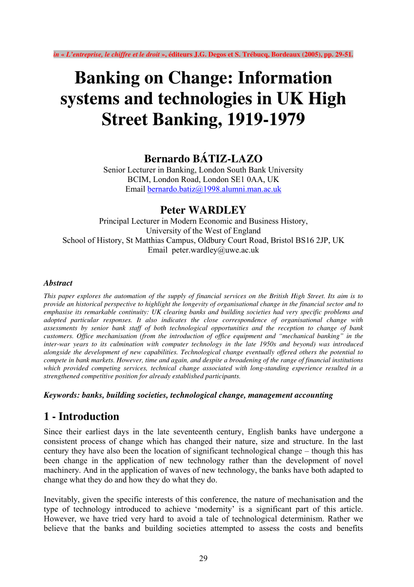 Pdf Banking On Change Information Systems And Technologies In Uk High Street Banking 1919 1969