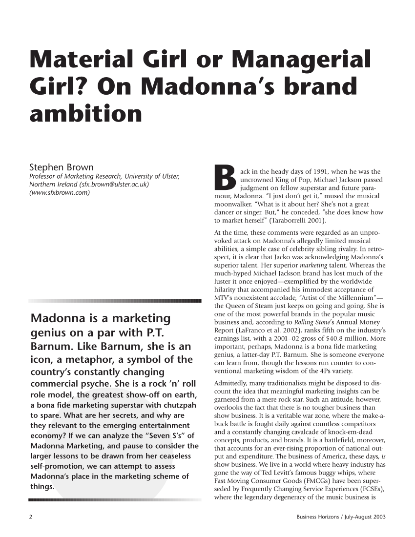 Pdf Material Girl Or Managerial Girl Charting Madonna S Brand Ambition