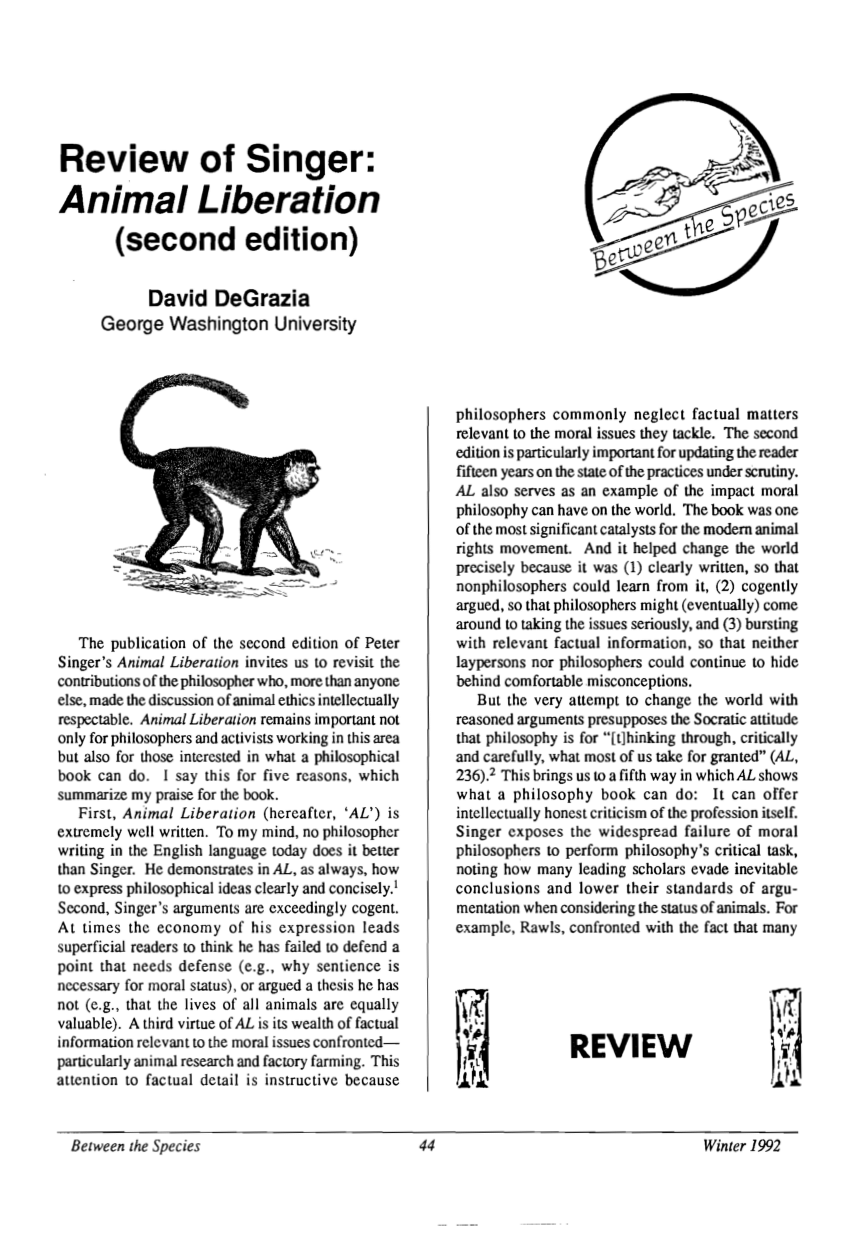 (PDF) Review of Singer: Animal Liberation (Second Edition)