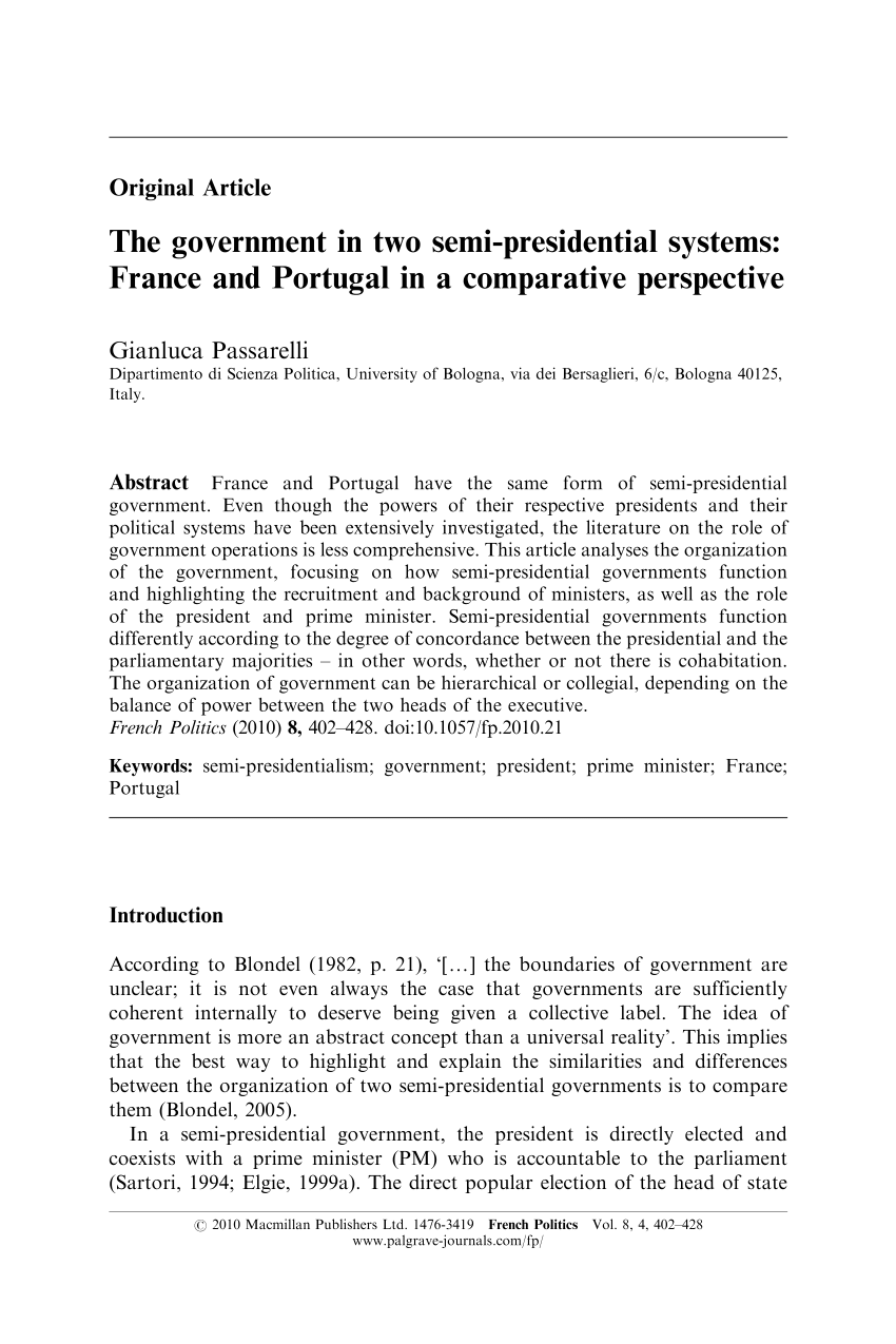 Pdf The Government In Two Semi Presidential Systems France And Portugal In A Comparative Perspective