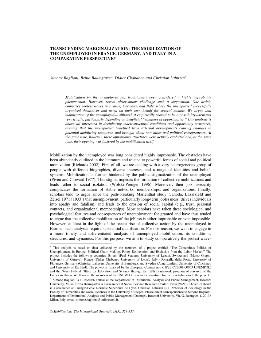 (PDF) Transcending Marginalization: The Mobilization of the Unemployed in France, Germany, and 