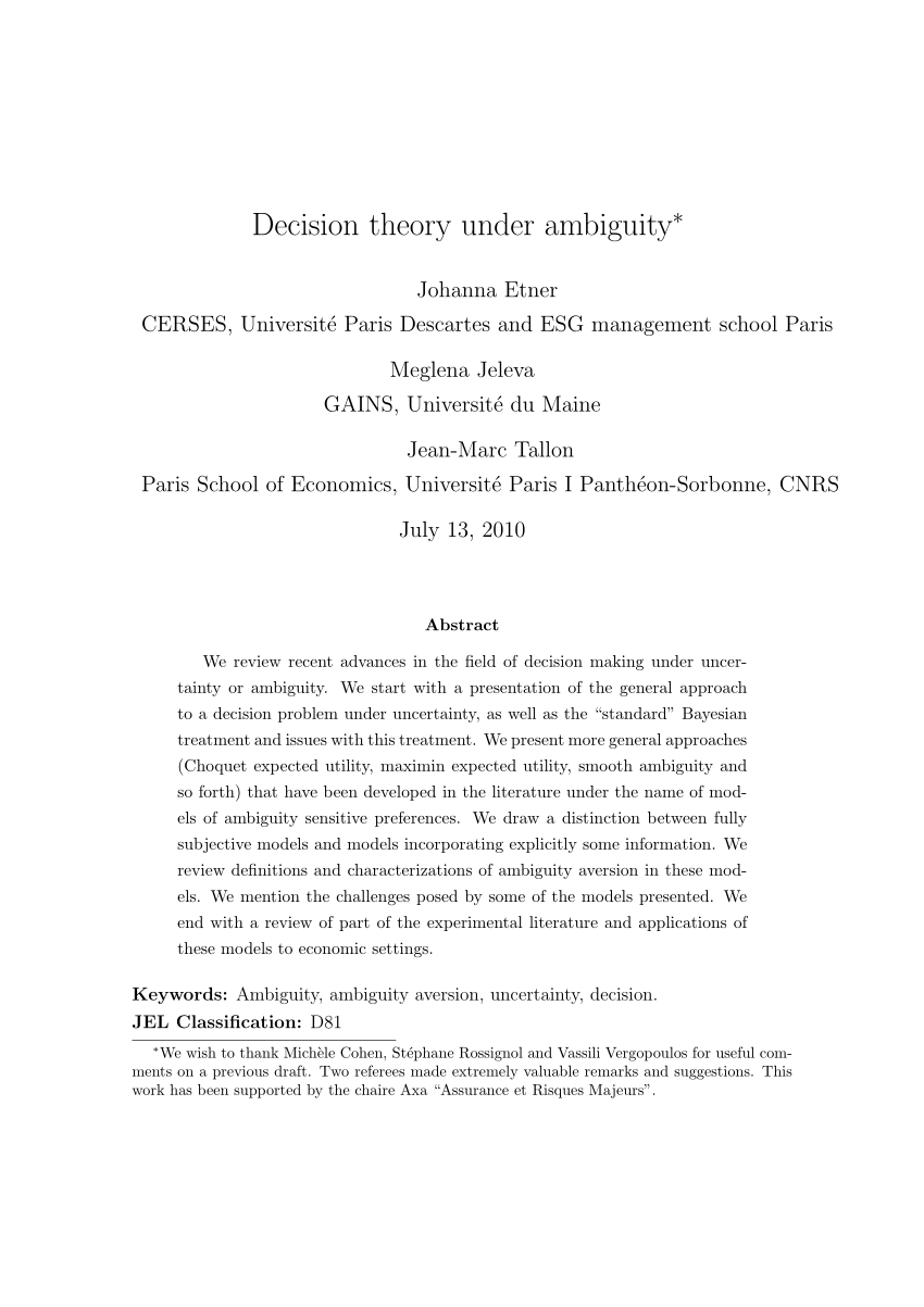 Pdf Decision Theory Under Ambiguity