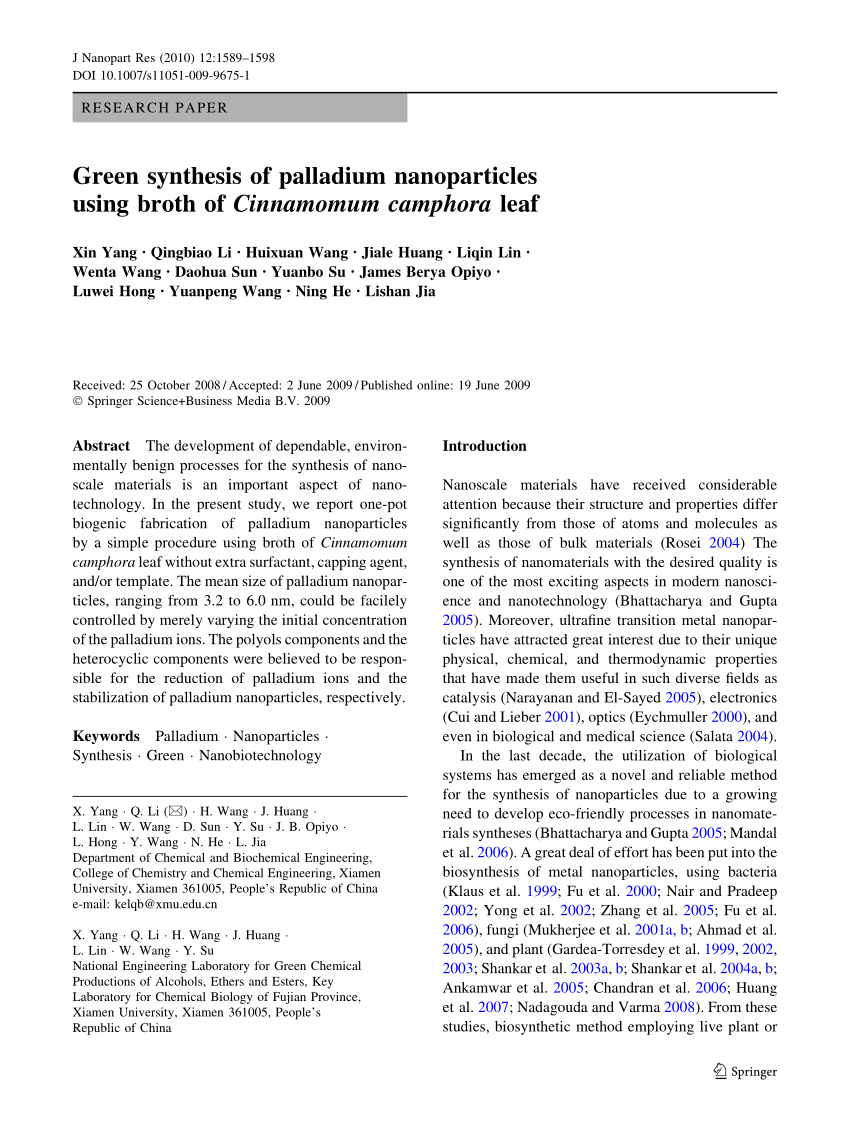 Pdf Green Synthesis Of Palladium Nanoparticles Using Broth Of Cinnamomum Camphora Leaf