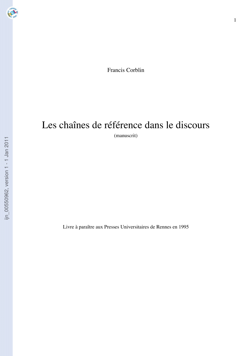 Pdf Les Formes De Reprise Dans Le Discours Anaphores Et Chaines De Reference