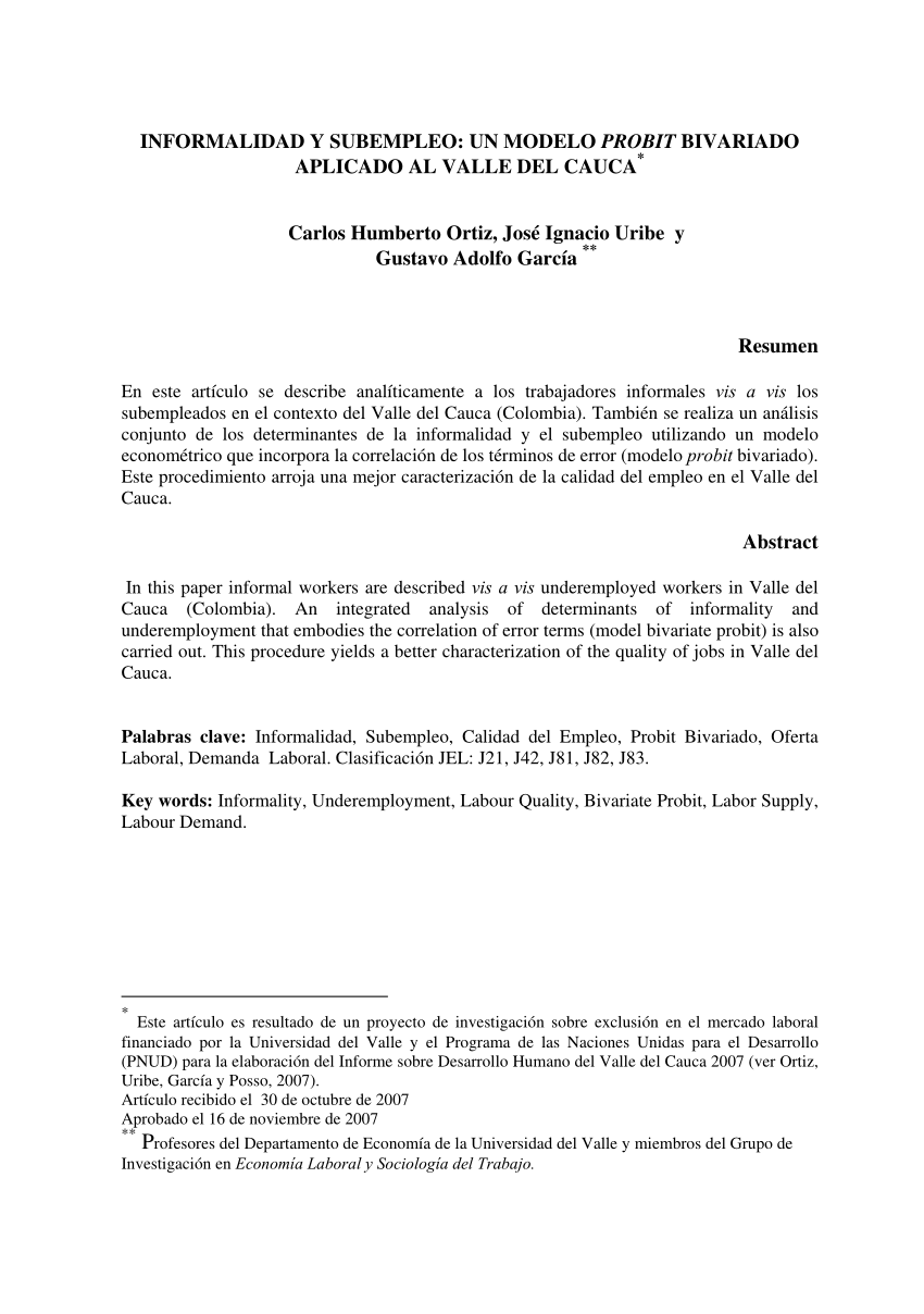 PDF) Informalidad y subempleo: Un modelo probit bivariado aplicado al Valle  del Cauca