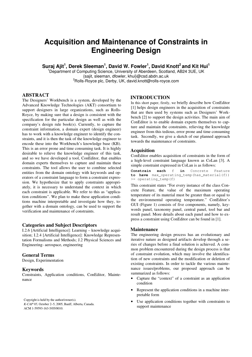 (PDF) Acquisition and Maintenance of Constraints in Engineering Design