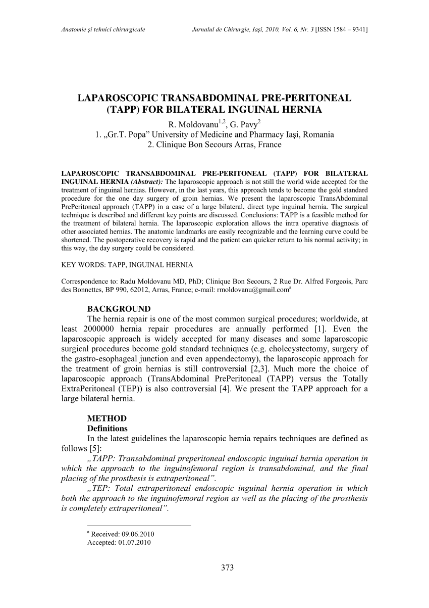 Pdf Laparoscopic Transabdominal Pre Peritoneal Tapp For Bilateral Inguinal Hernia