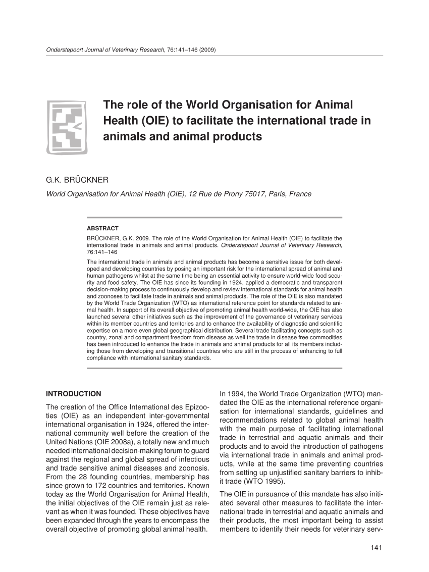PDF) The role of the World Organisation for Animal Health (OIE) to  facilitate the international trade in animals and animal products : policy  and trade issues