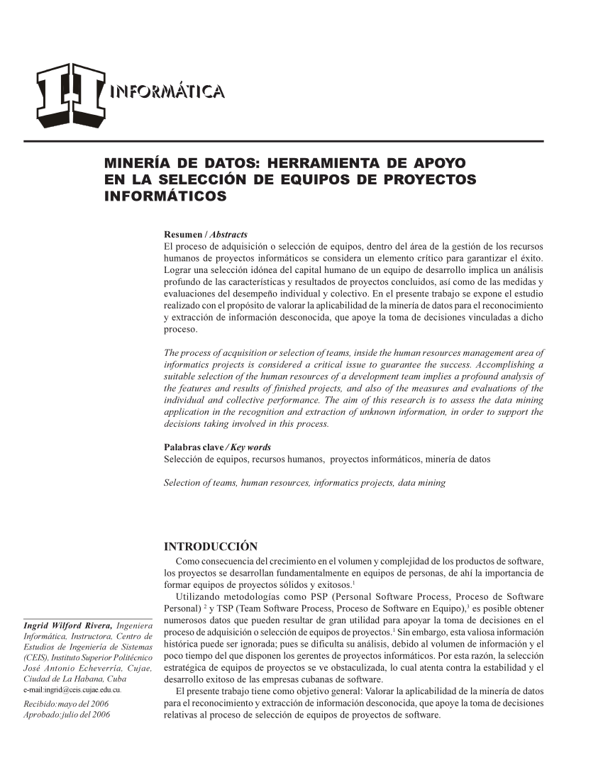 Pdf Mineria De Datos Herramienta De Apoyo En La Seleccion De Equipos De Proyectos Informaticos